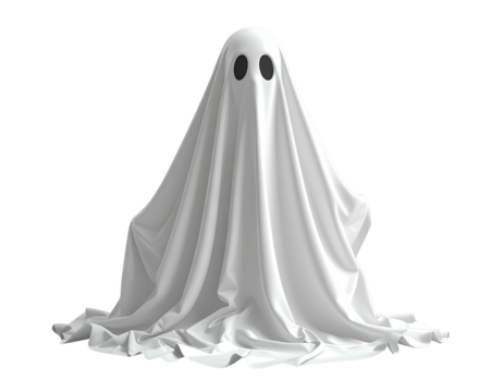 Simple, ghostly figure draped in white fabric, eyes visible in an empty black space
