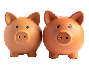 Two identical terracotta-colored pig-shaped coin banks standing side-by-side