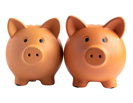 Two identical terracotta-colored pig-shaped coin banks standing side-by-side