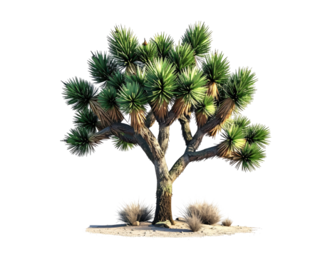 Solitary desert tree with spiky leaves, set against a stark black background