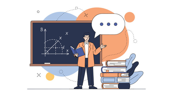 A teacher explaining a mathematical concept with a blackboard and books nearby.