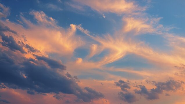 Pastel sunset clouds swirling wispy cirrus and soft cumulus over vast blue sky with warm orange pink glow and subtle evening light dramatic cloudscape and tonal hues