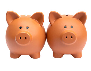 Two identical ceramic piggy banks, side-by-side, isolated on black background