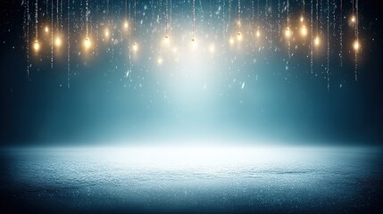 Hanging warm - lit bulbs, with falling snow, on a cool blue background, copy space
