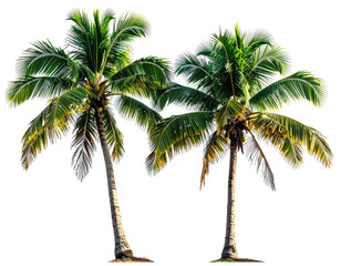 Two tropical trees with long trunks and vibrant green fronds, set against black
