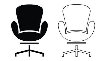 Modern Office Chair Vector – Ergonomic High-Back Chair with Headrest, Armrests, Adjustable Base, Caster Wheels, Solid and Outline Styles