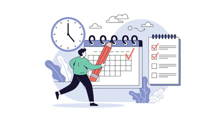 A person uses a large pencil to mark a calendar while a clock shows the time and a checklist indicates progress.