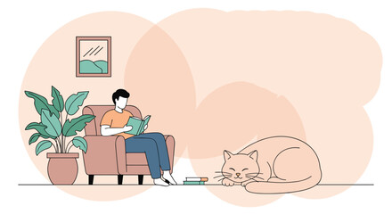 A person relaxing in an armchair reading a book while a cat naps peacefully nearby.