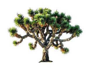 A desert tree with spiky, circular clusters of green leaves, isolated on black