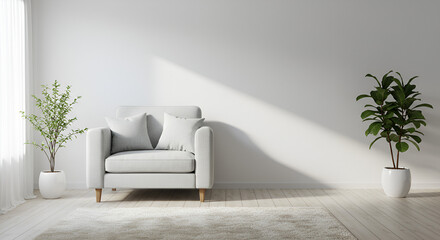 Minimalist interior scene with a sofa, plants and light coming from the window