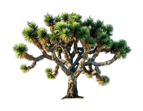 A desert tree with spiky, circular clusters of green leaves, isolated on black