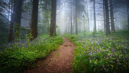 Misty Forest Path With Wildflowers