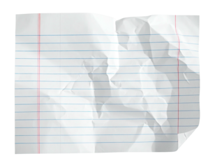 A piece of creased, lined paper on black, with crumpled areas and torn edges