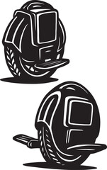 Stylized black and white graphic illustration of two futuristic electric unicycles viewed from the side in a dynamic composition © Nahim