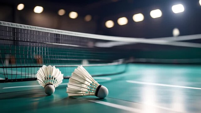 Badminton court scene with shuttlecocks