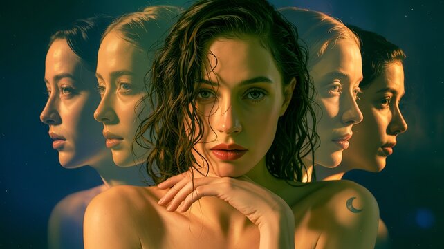 A womans face is repeated multiple times, creating a sense of multiplicity and identity