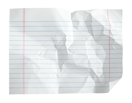 A piece of creased, lined paper on black, with crumpled areas and torn edges