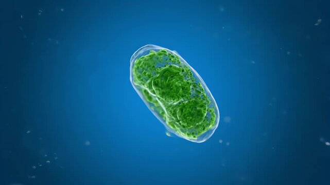 3D rendered microscopic biological cell organelle, possibly a chloroplast, with intricate green internal structures on a blue background.