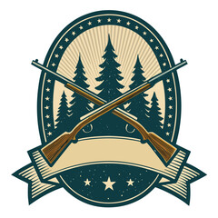 Emblem featuring crossed hunting rifles and pine trees in a vintage style. © artvector