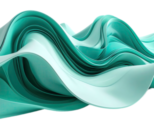 Abstract teal ribbon-like forms undulate against a black background, sleek design