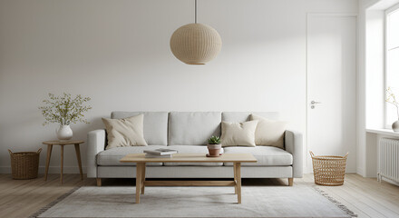 Minimalist living room interior with sofa, lamp, and decor in neutral tones