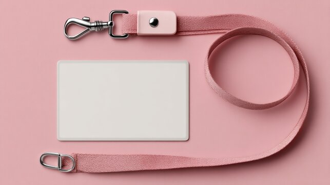 Flatlay of a blank ID card with a pink lanyard, clasp, and neck strap on a pink background