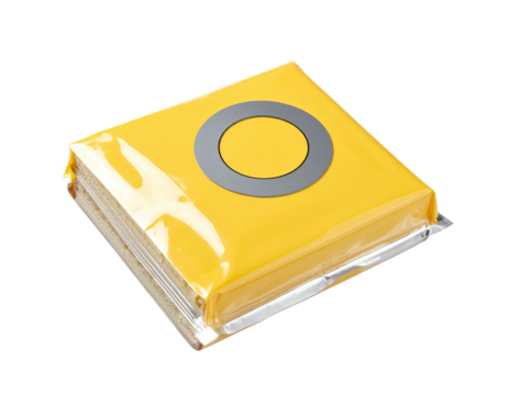 Bright yellow square food item, sealed in clear plastic wrap, with a gray circle - Powered by Adobe