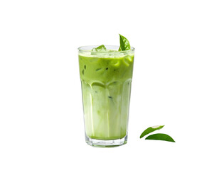 Tall glass of layered matcha latte, ice, green leaves against black background