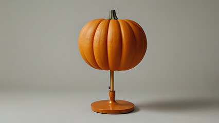 A pumpkin-shaped pumpkin on a table umbrella stands out against a flat, simple background