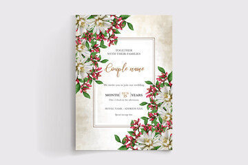 WEDDING INVITATION FRAME WITH FLOWER DECORATIONS AND FRESH LEAVES