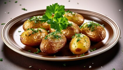 Four Small Roasted Potatoes Garnished With Fresh Parsley Side Dish Vegetable Parsley