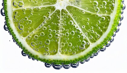 Close Up Fresh Lime Sliced In Soda Or Water Bubbles Isolated On White Background