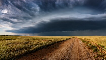 Rolling Dark Clouds Dominate The Sky Over A Wide Open Field Signaling An Imminent Thunderstorm The Dirt Road Leads Into The Stormy Horizon Creating A Dramatic Atmosphere