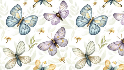 Obraz premium Seamless Pattern of Colorful Butterflies and Wildflowers
