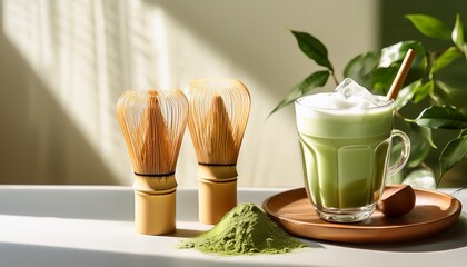 Refreshing Matcha Setup A Sunlit Arrangement Of Matcha Tea Tools With A Frothy Iced Matcha Latte