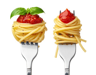 Two forks displaying spaghetti nests, one with basil, the other with tomato sauce