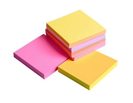 A stack of square paper pads in vibrant colors against a black background