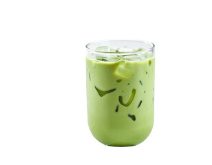 A tall glass of chilled, vibrant green matcha drink with ice, isolated on black