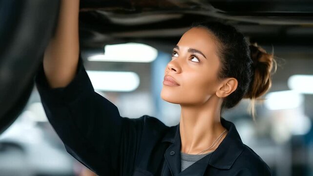 A female mechanic lifting a car with a hydraulic jack in a workshop emphasizes diversity in skilled trades strength technical competence and professional automotive