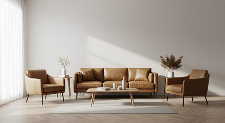 Modern minimalist living room interior with brown leather sofa and armchairs