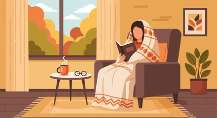 Woman reading at home flat color vector illustration. Lounge room. Person hold book with blanket on shoulder. Pets with owner in living room. Female flat illustration cartoon character with interior