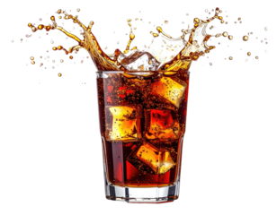 Icy drink splashing out of a glass against a black background