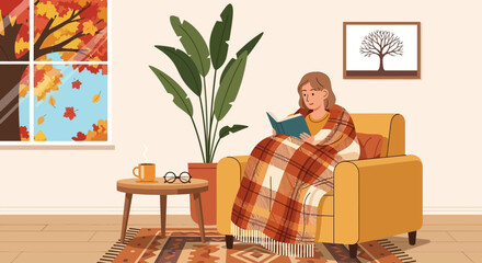 Obraz na płótnie Canvas Woman reading at home flat color vector illustration. Lounge room. Person hold book with blanket on shoulder. Pets with owner in living room. Female flat illustration cartoon character with interior