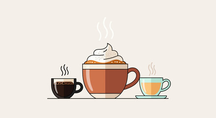 Hot drink (pumpkin spice latte, tea, coffee) with steam flat vector illustration