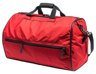 A vibrant red duffel bag with black zippers and shoulder strap