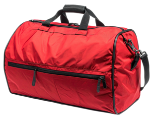 A vibrant red duffel bag with black zippers and shoulder strap