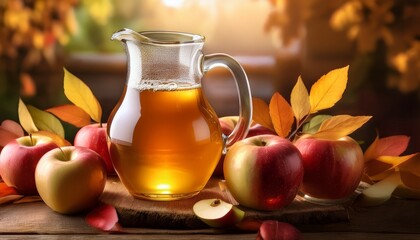 Apple Cider Delight A Refreshing Pitcher Of Apple Cider Paired With Ripe Apples Leaves And The Promise Of Autumn S Bounty A Natural Still Life Embodying The Crisp Taste And Refreshing Feeling