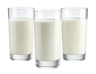 Three tall glasses filled with white liquid, against a black background