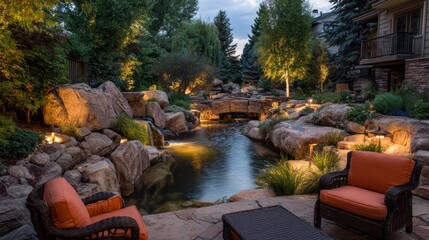 Landscaped outdoor backyard evening scene