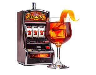 A slot machine next to a cocktail with orange peel